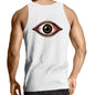 Back view of a white singlet top featuring a spooky bloody brown eye design, perfect for music festivals and Halloween.