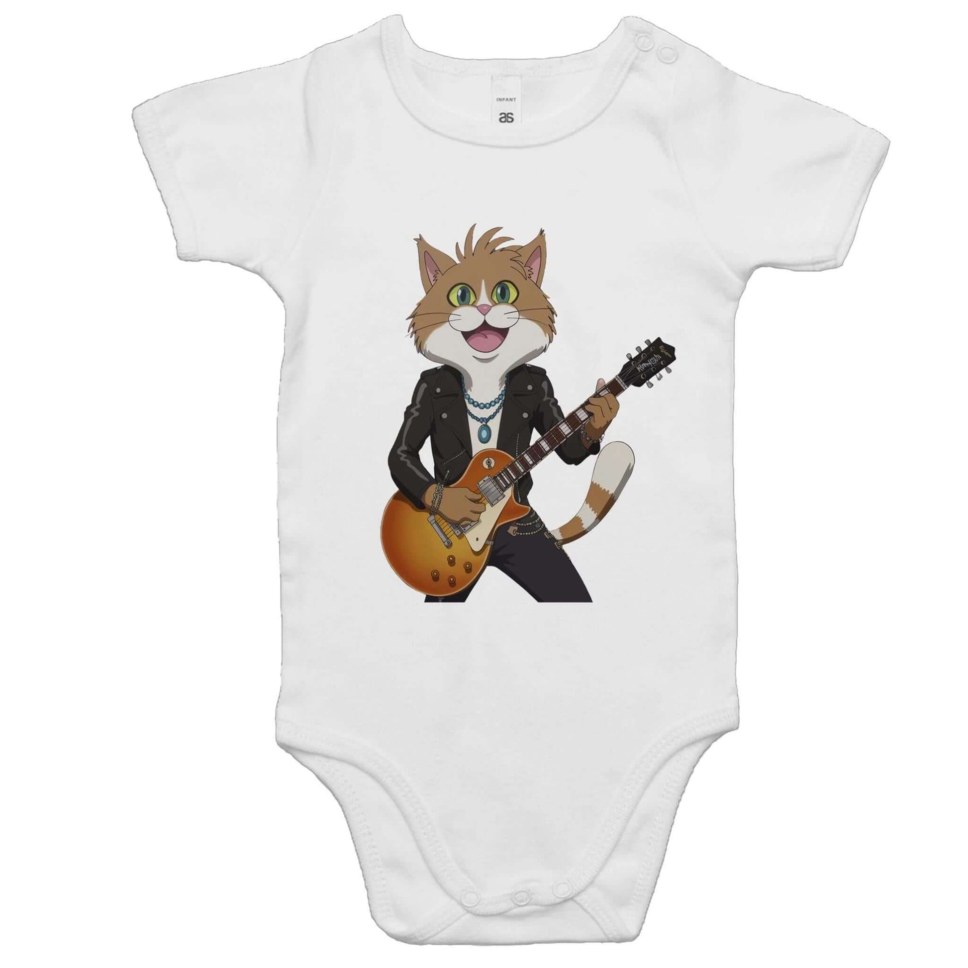 Baby onesie featuring a cute rock and roll cat playing guitar, perfect for music and cat lovers.