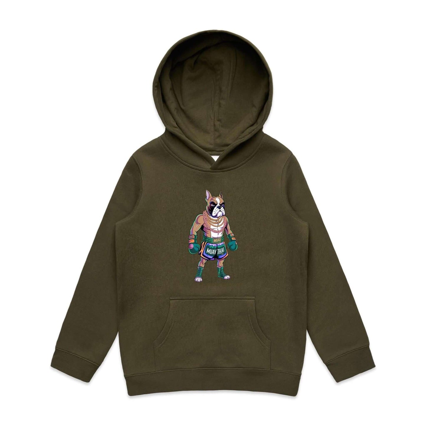 Cartoon boxer dog in Muay Thai gear on olive green hoodie, perfect for dog lovers and fight night fans.
