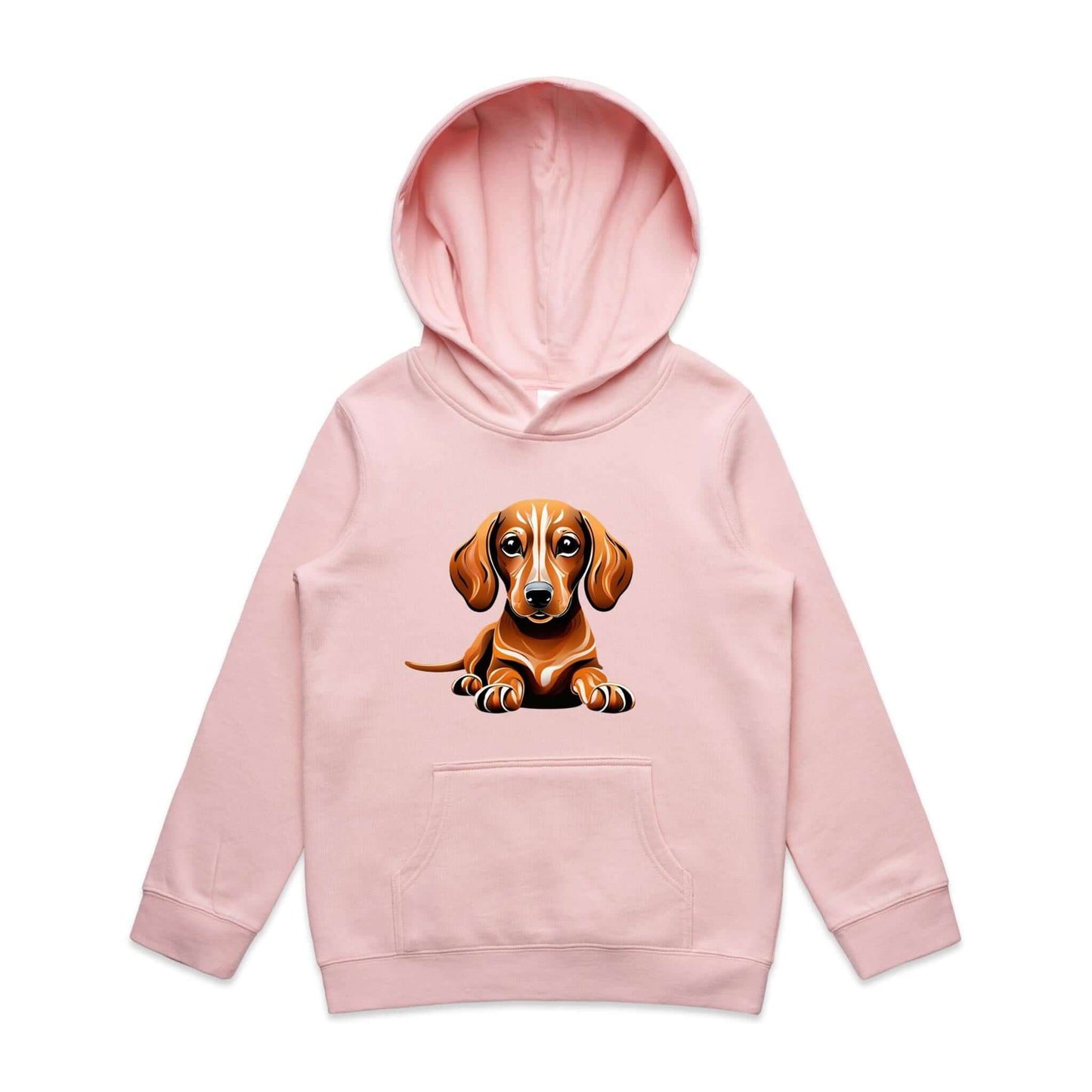 Tan Dachshund puppy - Sausage dog graphic on pink kid's hoodie, perfect for dog lovers and children.