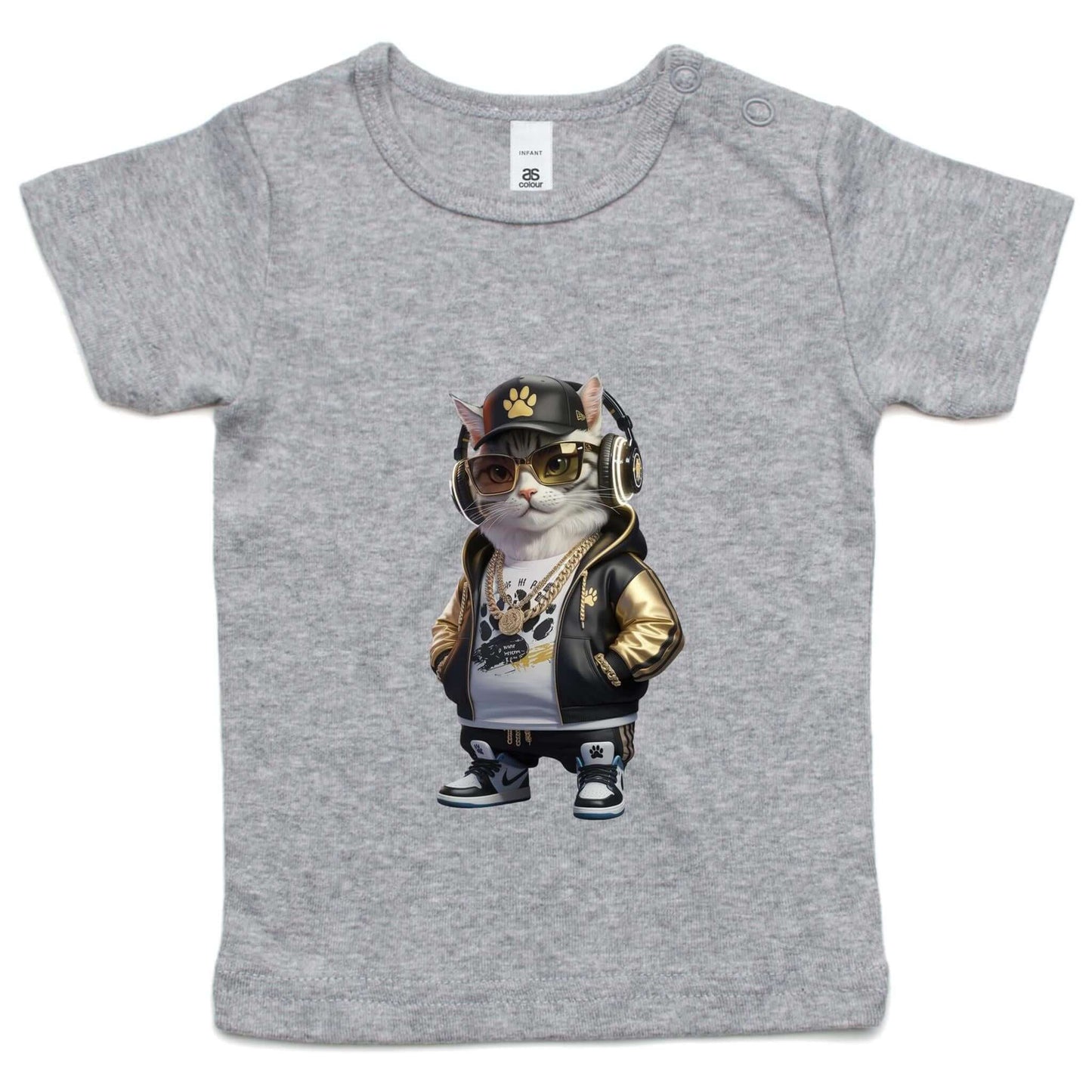 Cool hip hop cat infant tee with cat wearing hoodie, sunglasses, and gold chains, perfect for cat lovers.