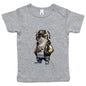 Cool hip hop cat infant tee with cat wearing hoodie, sunglasses, and gold chains, perfect for cat lovers.