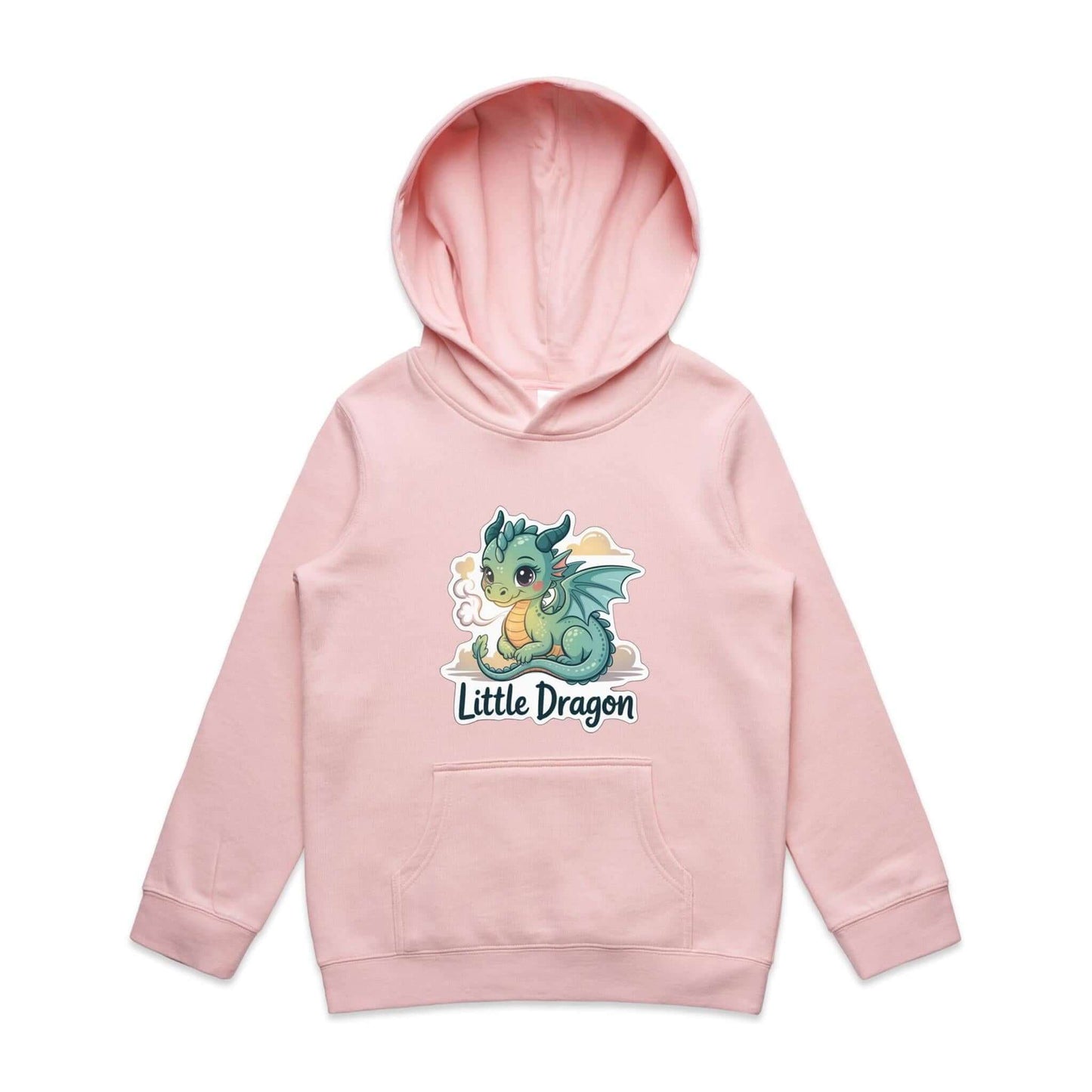 Kids hooded jumper featuring a cute 'Little Dragon' cartoon character design on a pink hoodie.