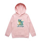 Kids hooded jumper featuring a cute 'Little Dragon' cartoon character design on a pink hoodie.
