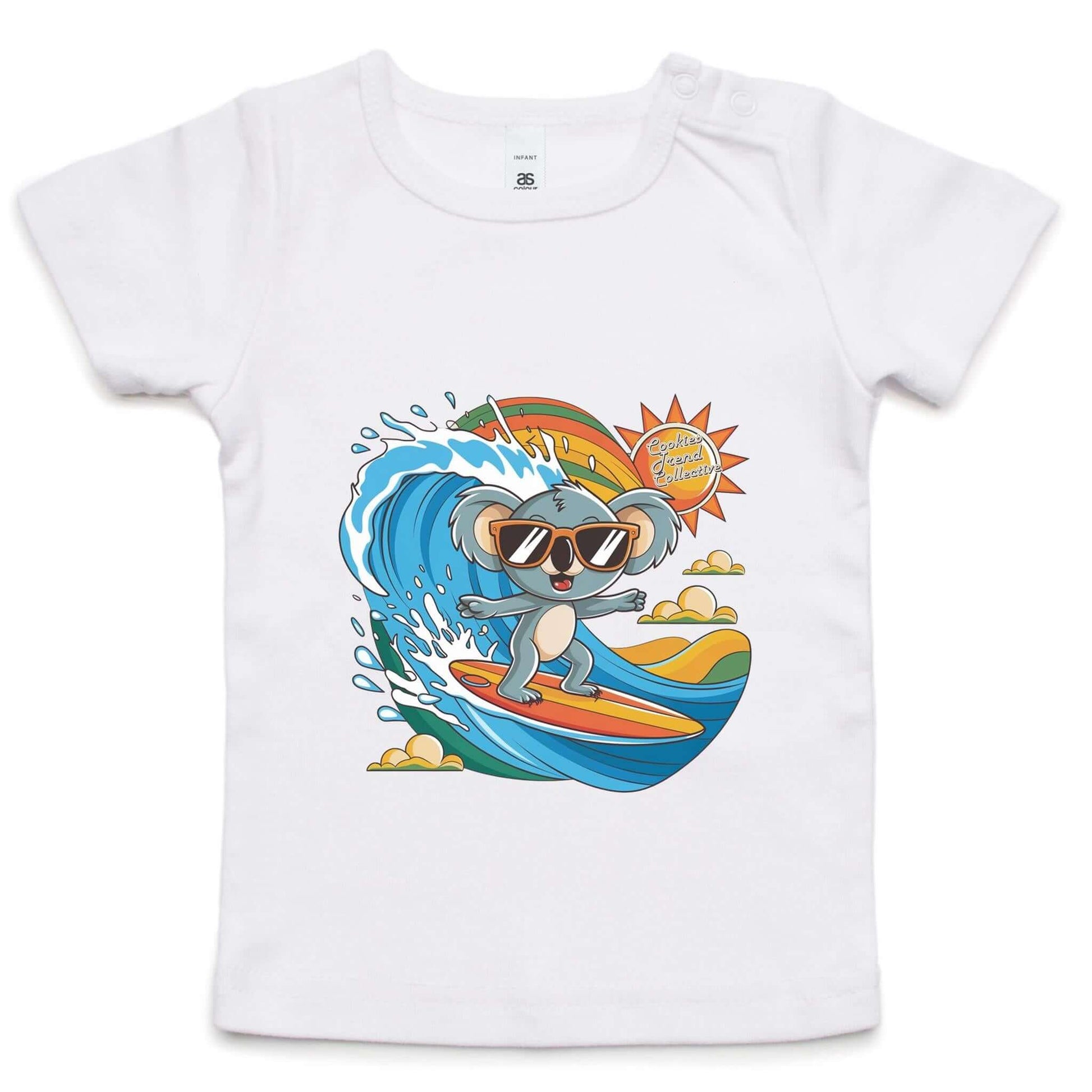 Cute infant tee with a cool surfing koala riding a wave, perfect for beach lovers and animal lovers.