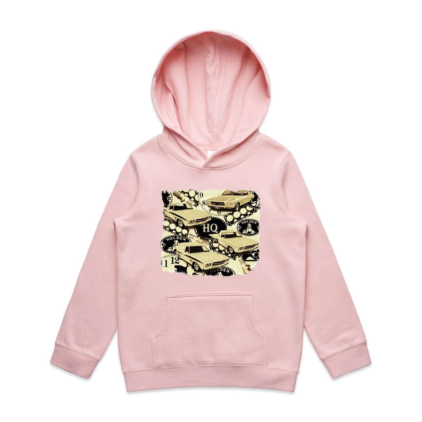 Vintage Holden Cars kid's Hoodie featuring 70's HQ Monaro, Panel Van, Ute, and One Tonner design, perfect for car enthusiasts.