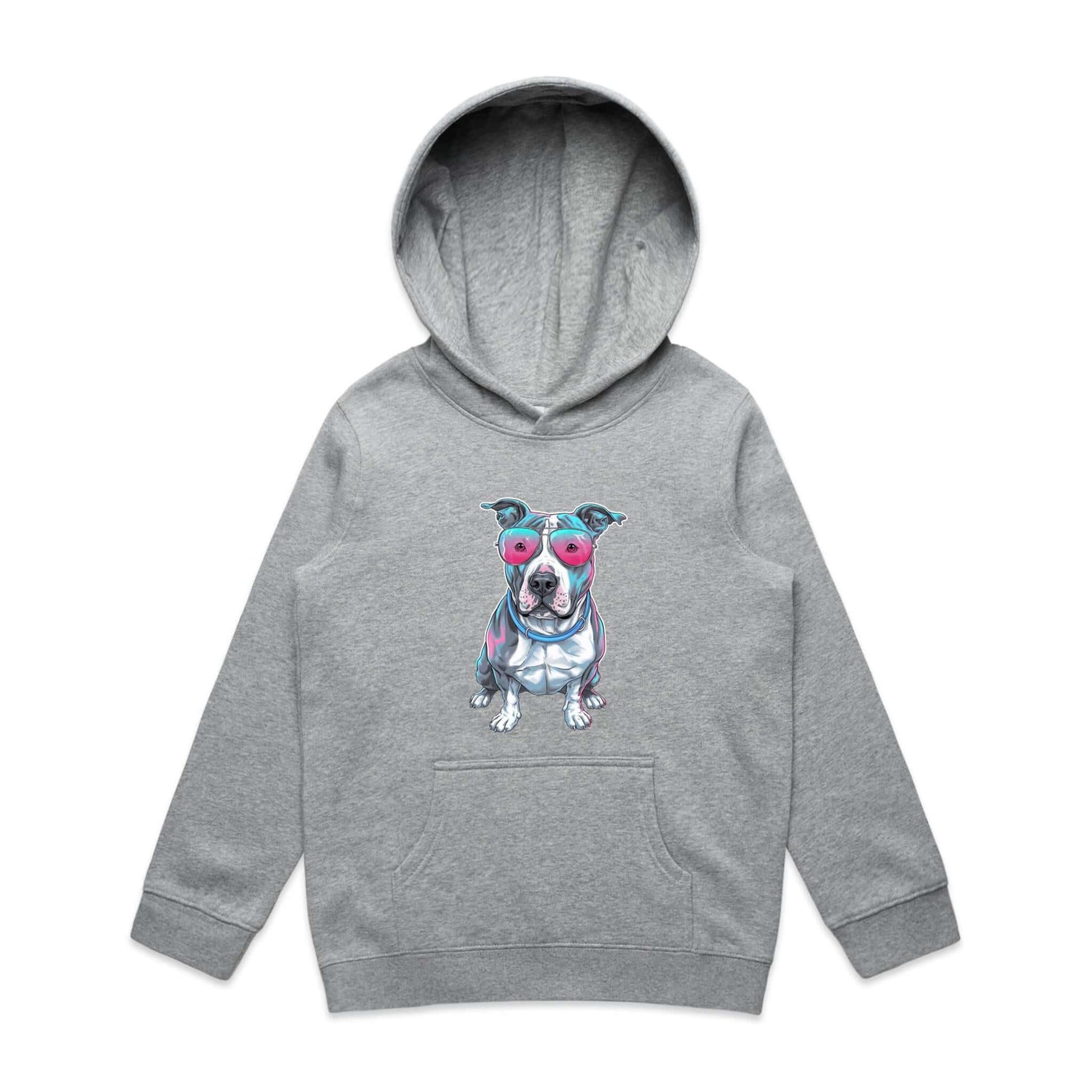 Kid's AS Colour hoodie featuring a retro synth wave Pit Bull design with pink sunglasses, ideal for dog lovers.-shirt featuring a retro synth wave Pit Bull design with pink sunglasses, ideal for dog lovers.