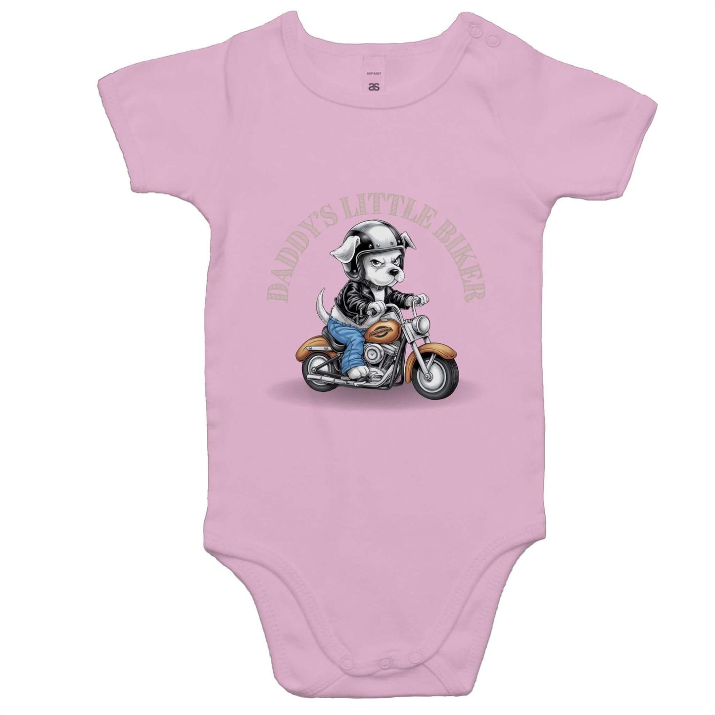 Baby onesie featuring cute puppy on a Davidson Junior with 'Daddy's Little Biker' text, ideal for dog lovers and bike lover's.