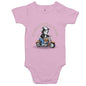 Baby onesie featuring cute puppy on a Davidson Junior with 'Daddy's Little Biker' text, ideal for dog lovers and bike lover's.