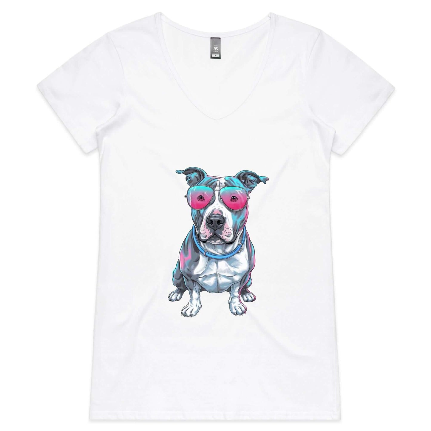 AS Colour Woman's V-Neck T-shirt featuring a retro synth wave Pit Bull design with pink sunglasses, ideal for dog lovers.