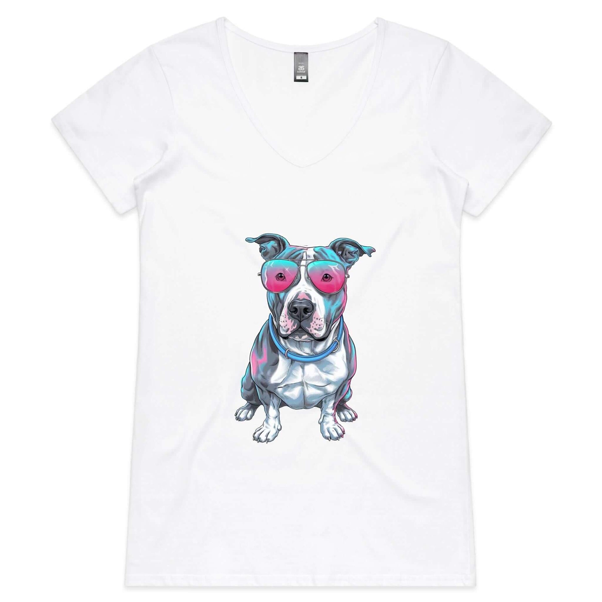 AS Colour Woman's V-Neck T-shirt featuring a retro synth wave Pit Bull design with pink sunglasses, ideal for dog lovers.
