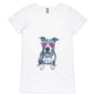 AS Colour Woman's V-Neck T-shirt featuring a retro synth wave Pit Bull design with pink sunglasses, ideal for dog lovers.