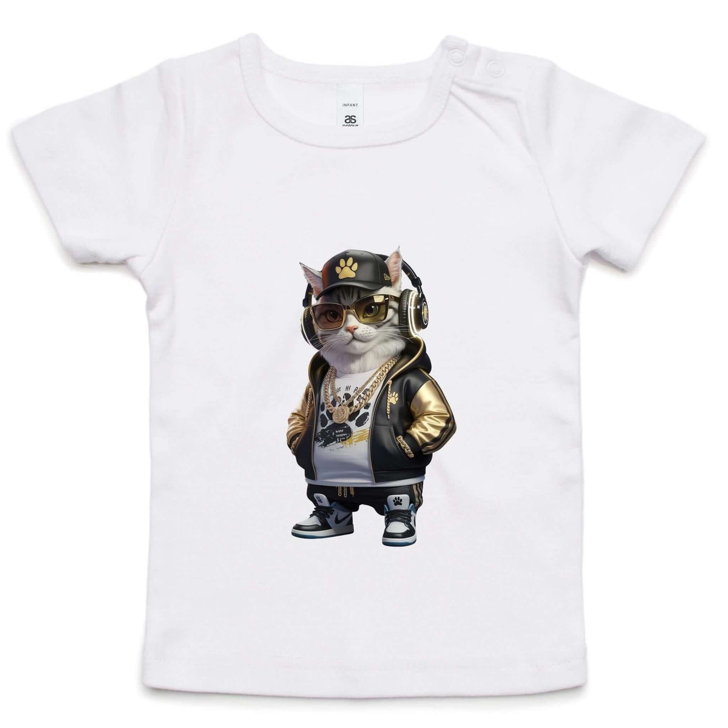 Infant tee featuring a cool hip hop cat design in sunglasses and gold chains, ideal for cat lovers and baby fashion.