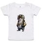 Infant tee featuring a cool hip hop cat design in sunglasses and gold chains, ideal for cat lovers and baby fashion.