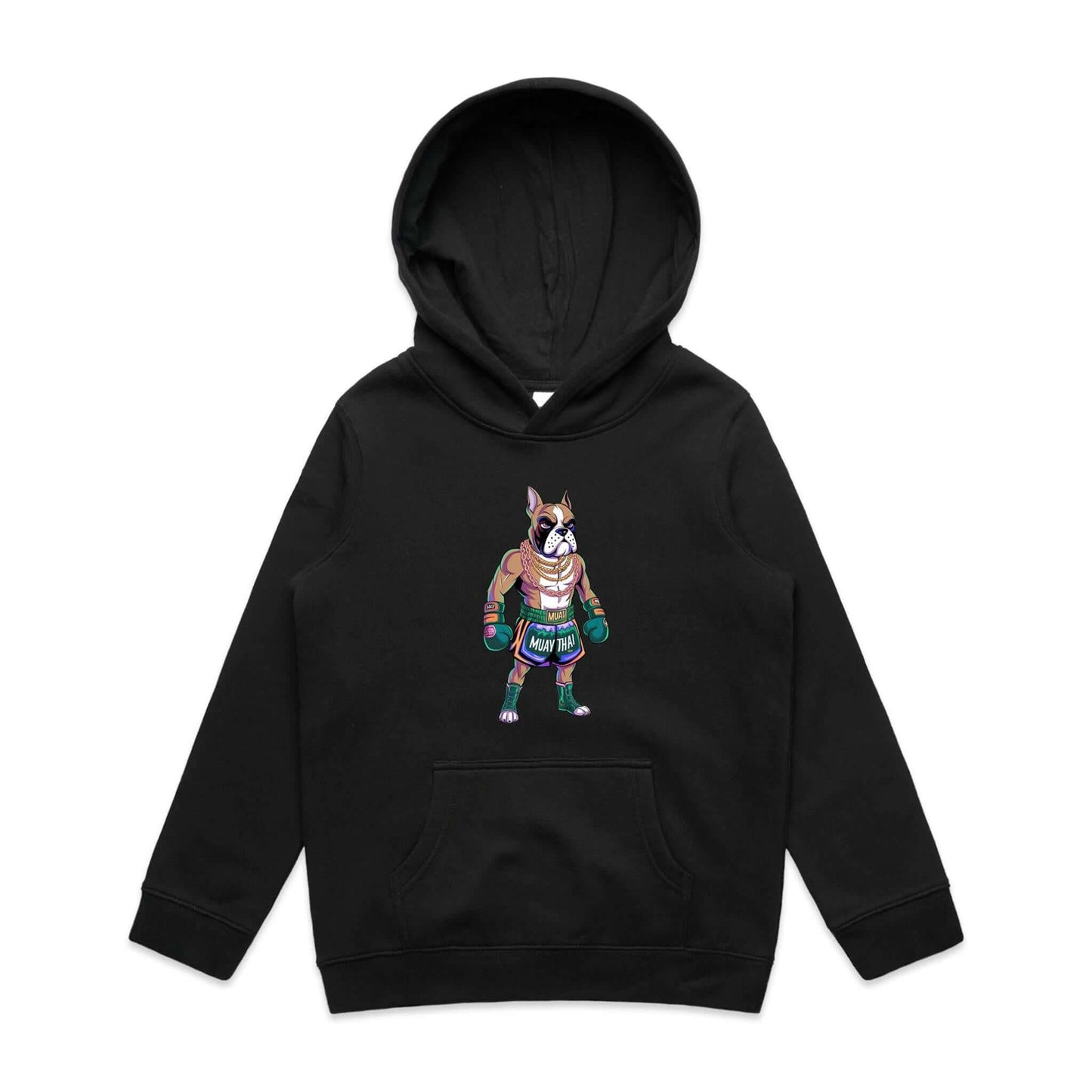 Cartoon boxer dog in Muay Thai gear with gold chains on a black youth hoodie, perfect for dog lovers and fight night fans.