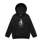Cartoon boxer dog in Muay Thai gear with gold chains on a black youth hoodie, perfect for dog lovers and fight night fans.