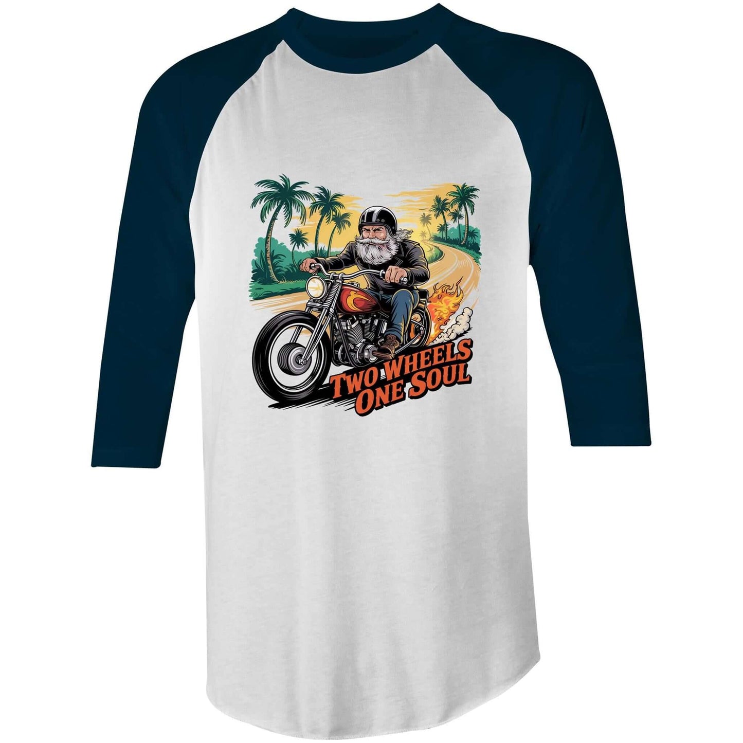 AS Colour 3/4 sleeve tee featuring a biker on a custom Bobber bike with a tropical background and 'Two Wheels One Soul' text.