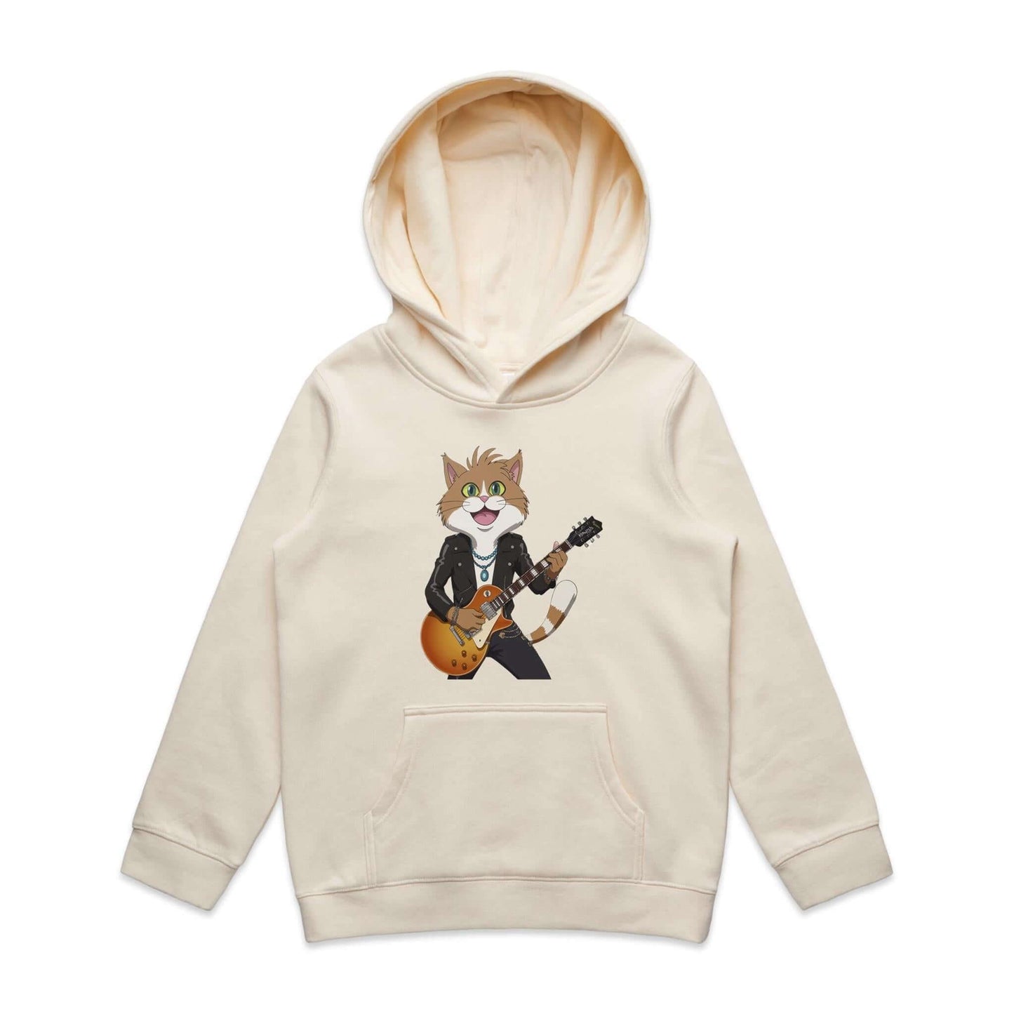 Kid's hoodie featuring a cute rock and roll cat playing guitar, perfect for music and cat lovers.