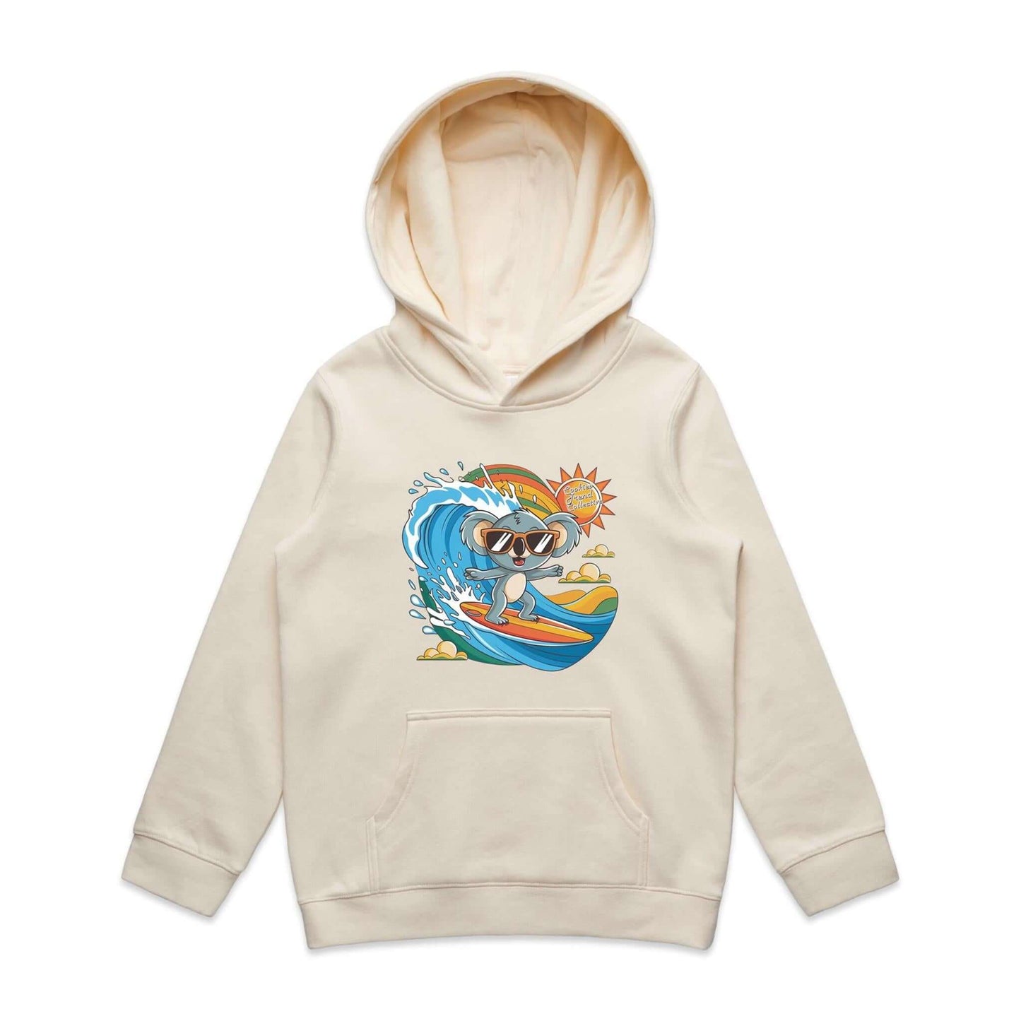 Cute kid's hoodie with a cool surfing koala riding a wave, perfect for beach lovers and animal lovers.