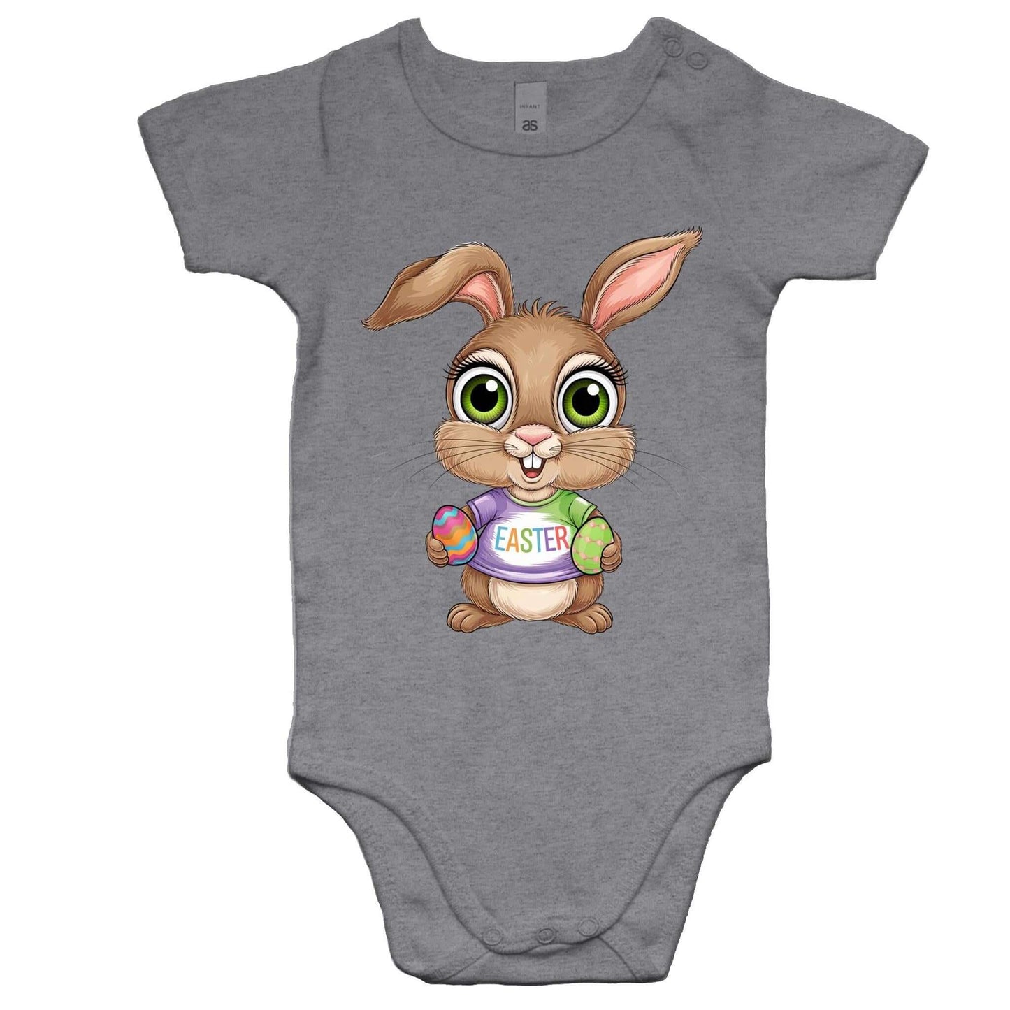 Cute Baby Onesie featuring colourful Easter Bunny Design, perfect for any infant celebrating Easter.