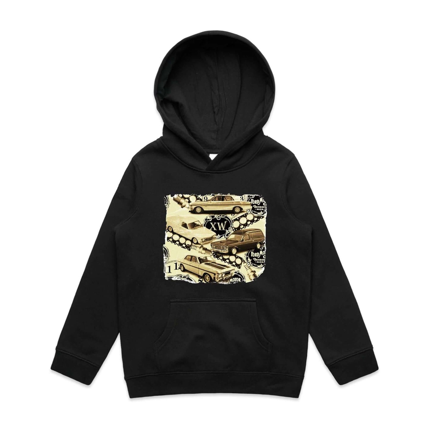 Vintage Ford kid's hoodie featuring iconic XW Falcon muscle cars design, perfect for car enthusiasts.