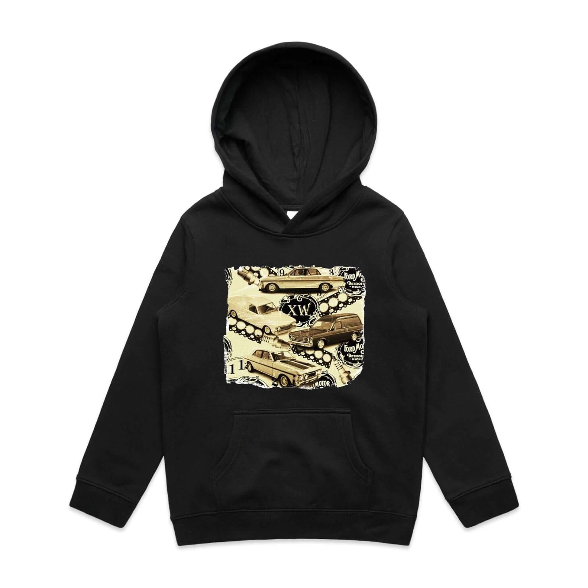 Vintage Ford kid's hoodie featuring iconic XW Falcon muscle cars design, perfect for car enthusiasts.