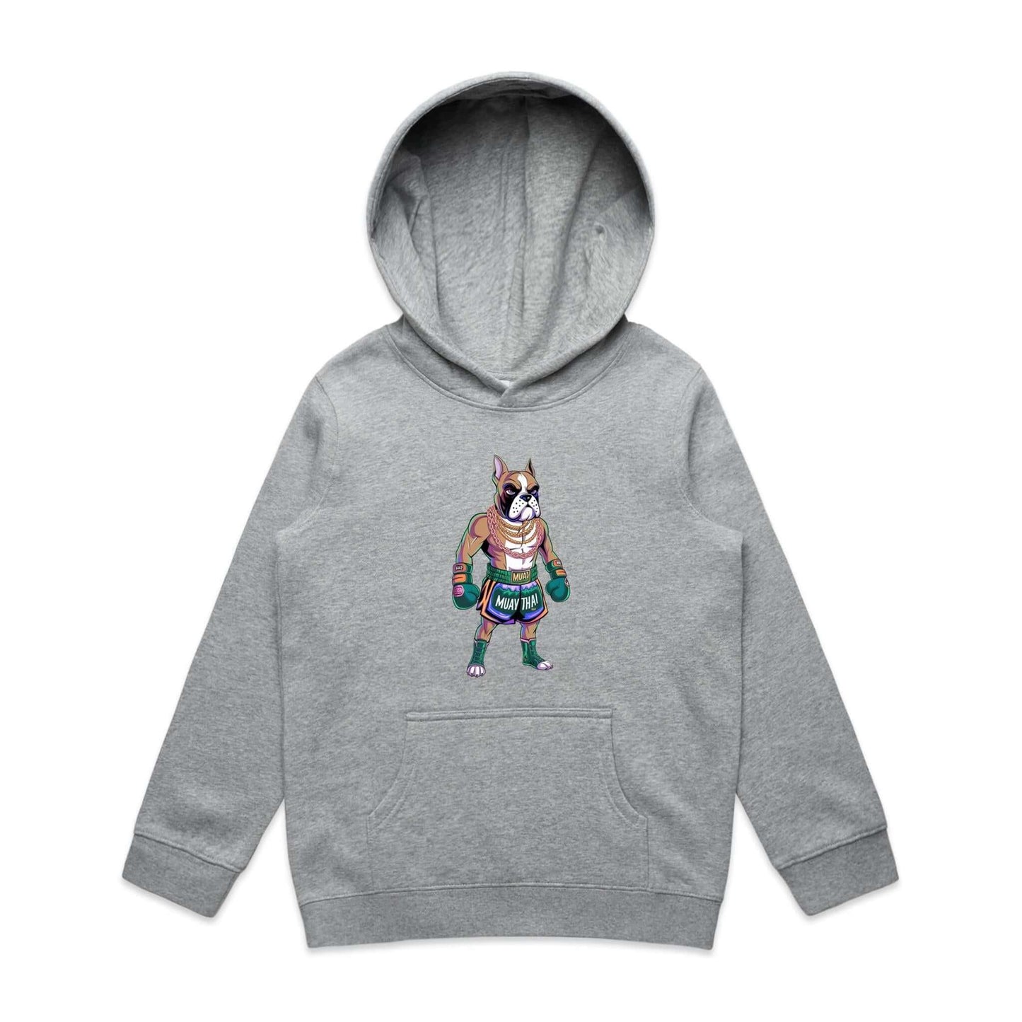 Cartoon boxer dog in Muay Thai gear, with gold chains, on a youth hoodie; perfect for dog lovers and fight night fans.