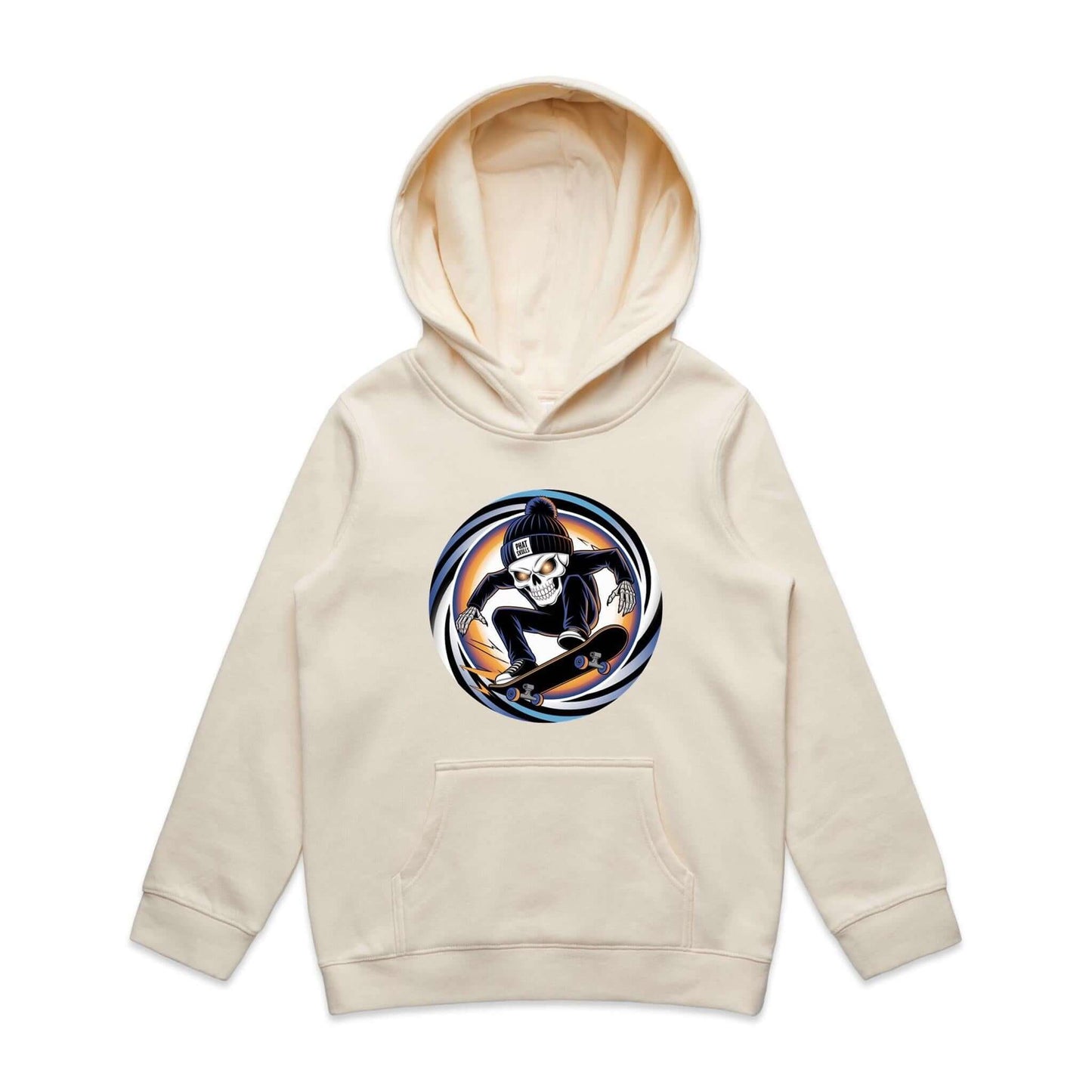 Edgy skater kid's hoodie featuring skeleton mid-trick on skateboard with 'Phat Skulls' beanie, perfect for urban streetwear.