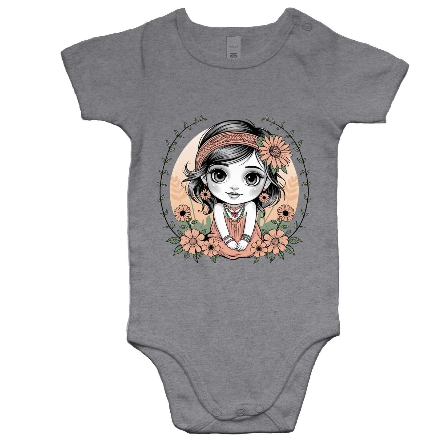 Cute chibi girl surrounded by flowers on a grey baby onesie, perfect for young girls who love whimsical designs.