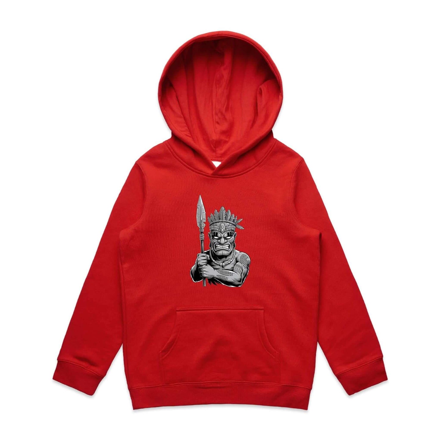 Kids red hoodie with black and white Tiki character design holding spear, perfect for trendy children's fashion.