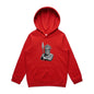 Kids red hoodie with black and white Tiki character design holding spear, perfect for trendy children's fashion.