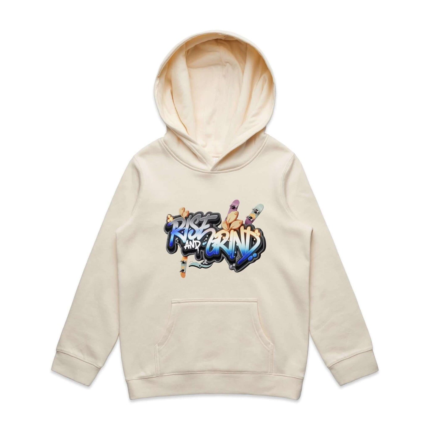 Kid's unisex hoodie with graffiti style 'Rise and Grind' skater design, perfect for urban streetwear.