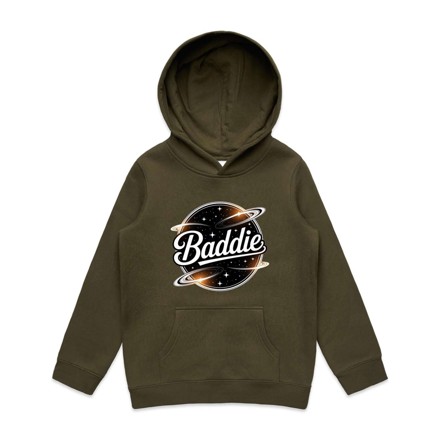 Kid's hoodie with 'Baddie' universe retro design, perfect for trendy casual wear.