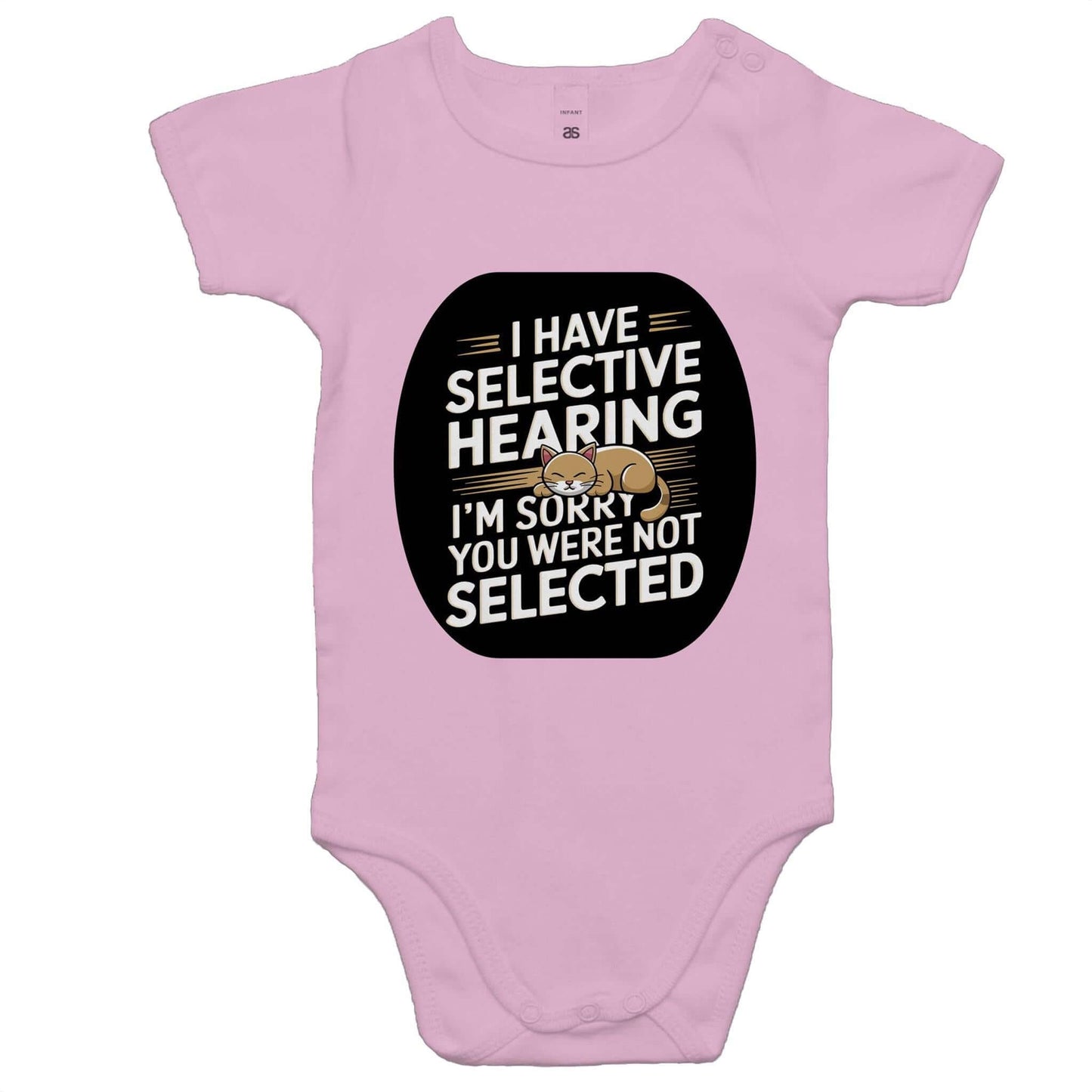 AS Colour baby onesie with sleeping cat and funny quote about selective hearing for infants and toddlers.