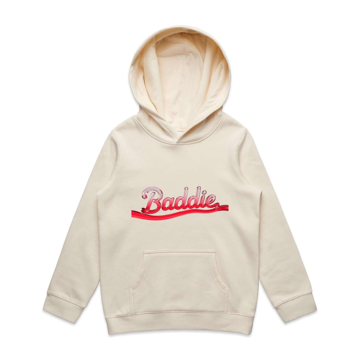 AS Colour Baddie Youth Hoodie in beige with translucent red liquid text design 'Baddie' for stylish kids fashion.