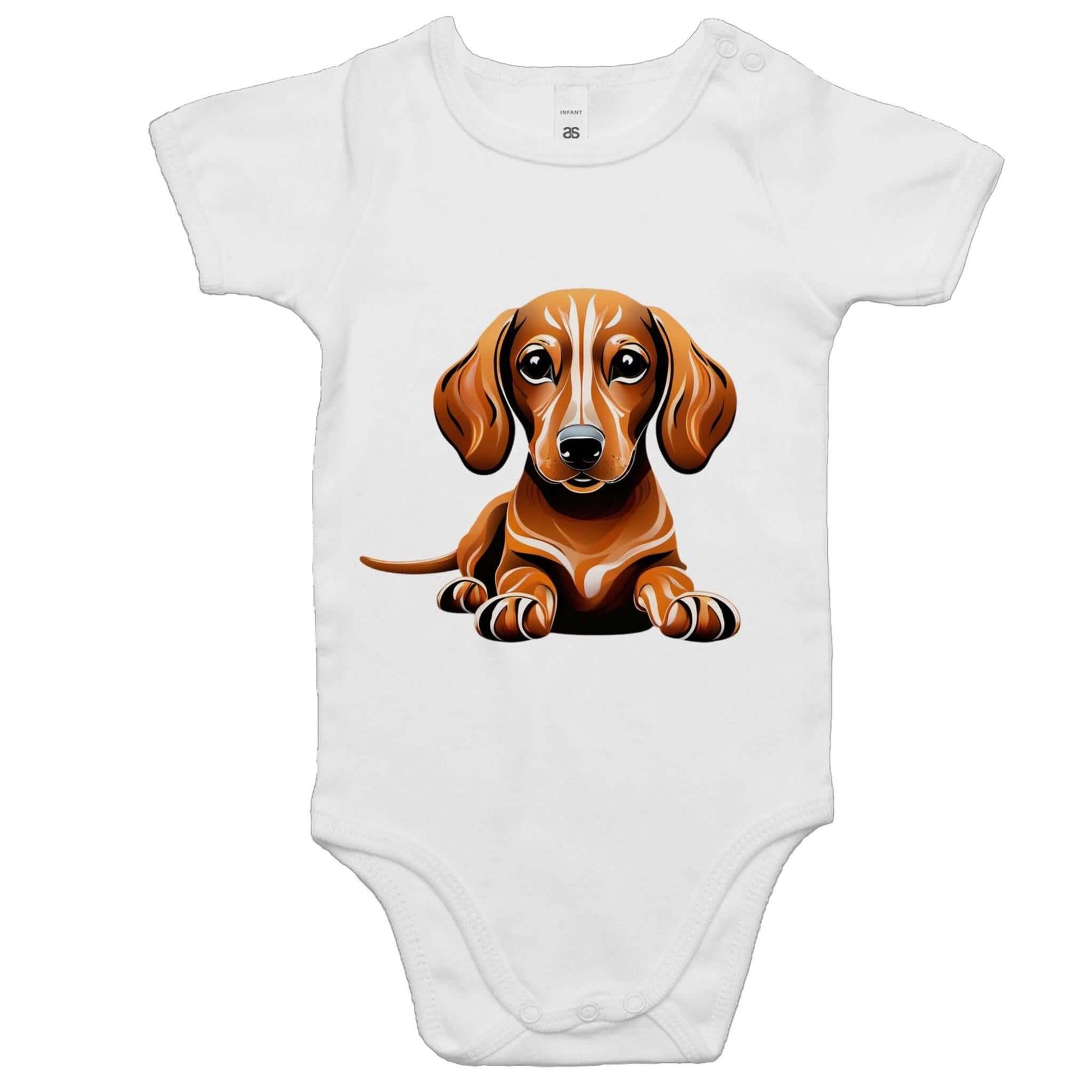 Cute tan Dachshund puppy - Sausage dog graphic on a white baby onesie for dog lovers and animal lovers.