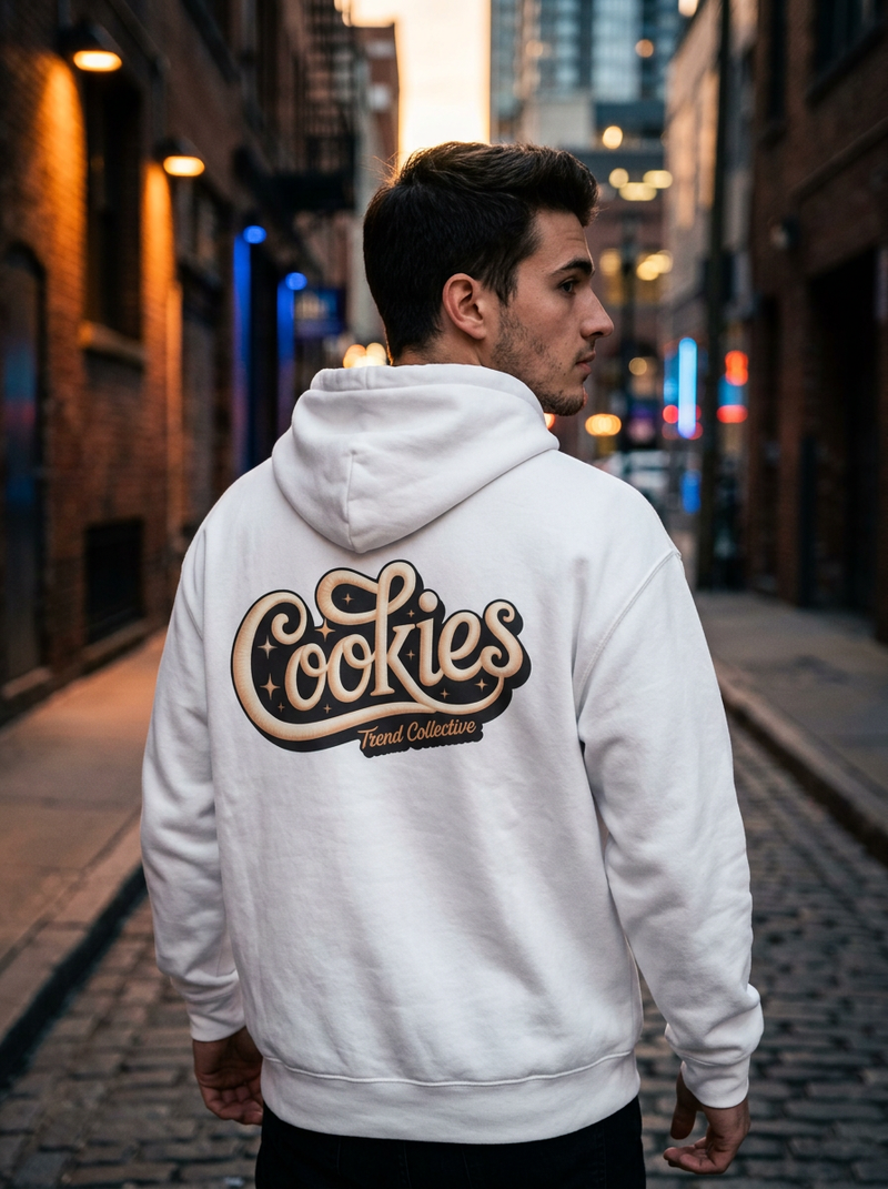 Model wearing Hooded Sweatshirt Vintage Cookies with back print